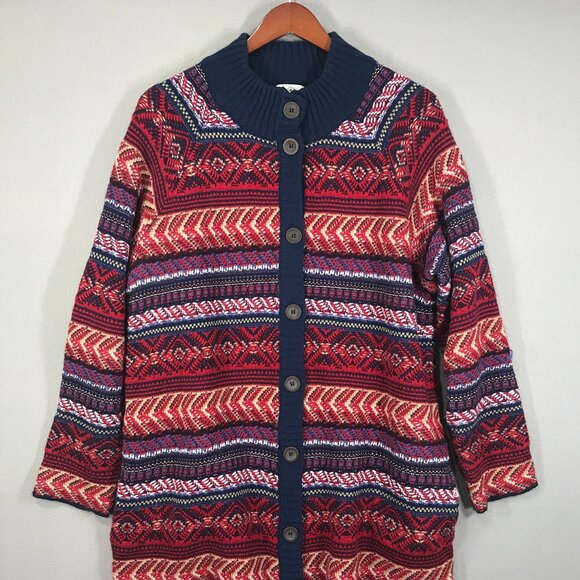 St John's Bay Cardigan Women's XL Red Fair Isle Knit Button Sweater Pocket Aztec - Picture 1 of 15